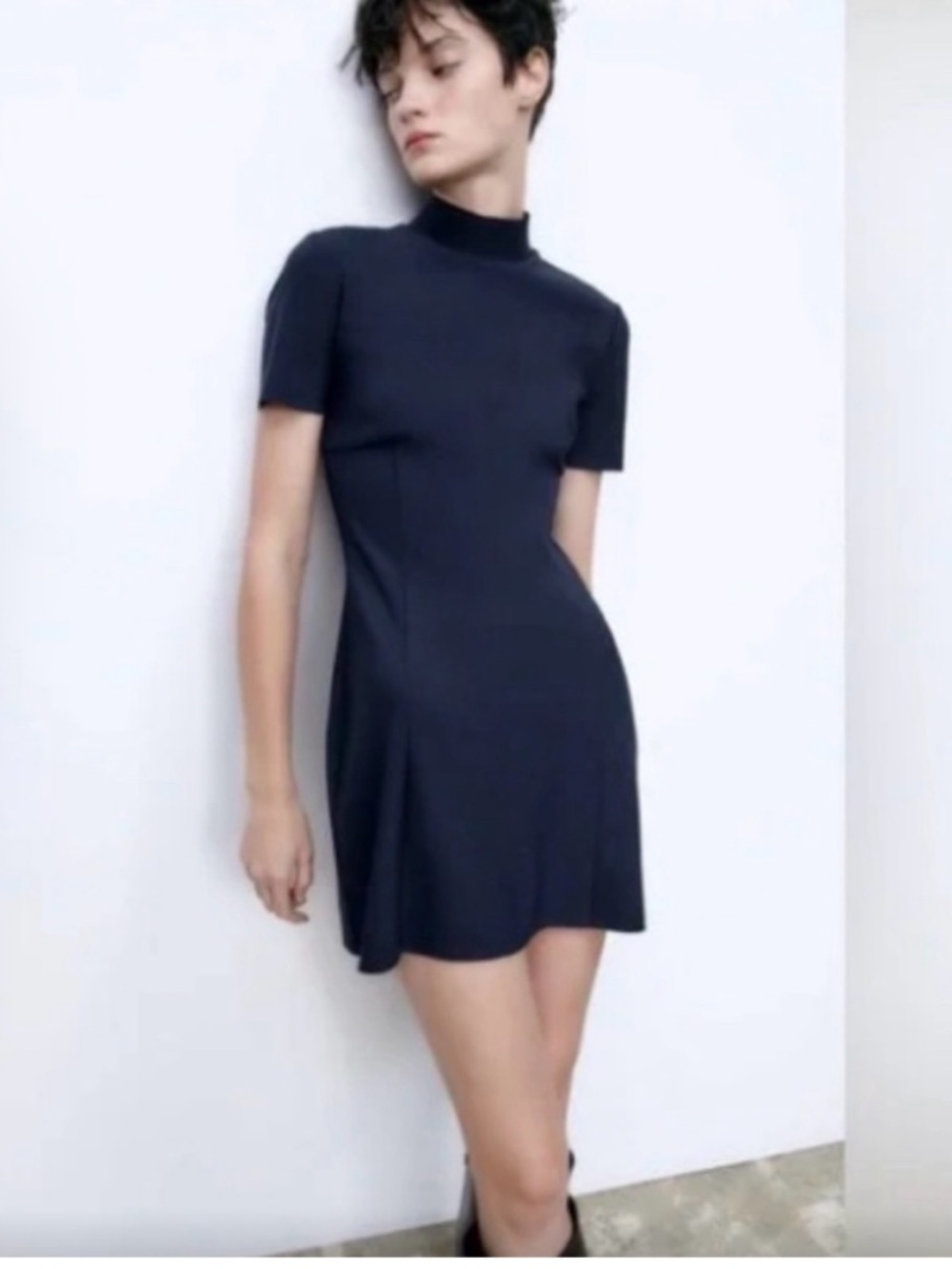 ZARA Women's Mock Neck A-Line Short Sleeve Mini Dress